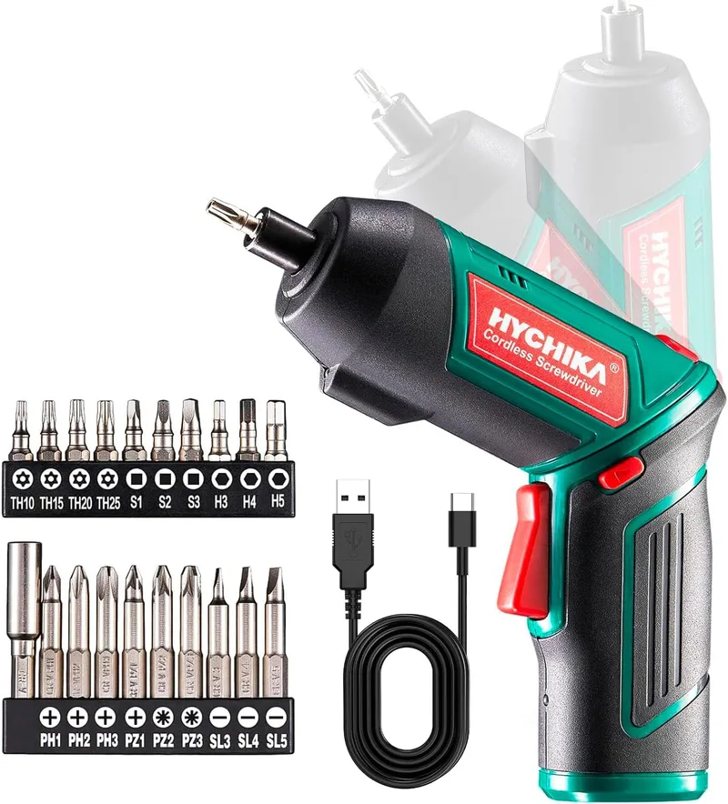 HYCHIKA BETTER TOOLS FOR BETTER LIFE ▫️ HYCHIKA Chave de fendas elétrica 6 N·m, aparafusadora elétrica sem fios 3,6 V, bateria de 2000 mAh (binário máximo de 6 N·m), luz LED, mandril magnético, cabo USB, 20 acessórios