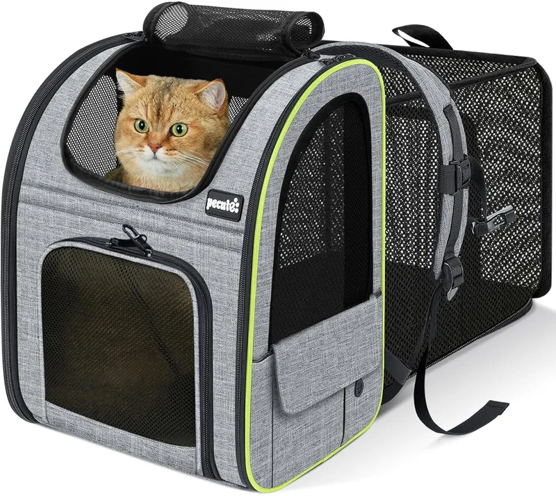 Pecute ▫️ Mochila para gatos < Mochilas de 6 kg para gatos e cães Transportador de gatos expansível e dobrável para viagens de trem / carro / restaurante, cinza (janela de malha)