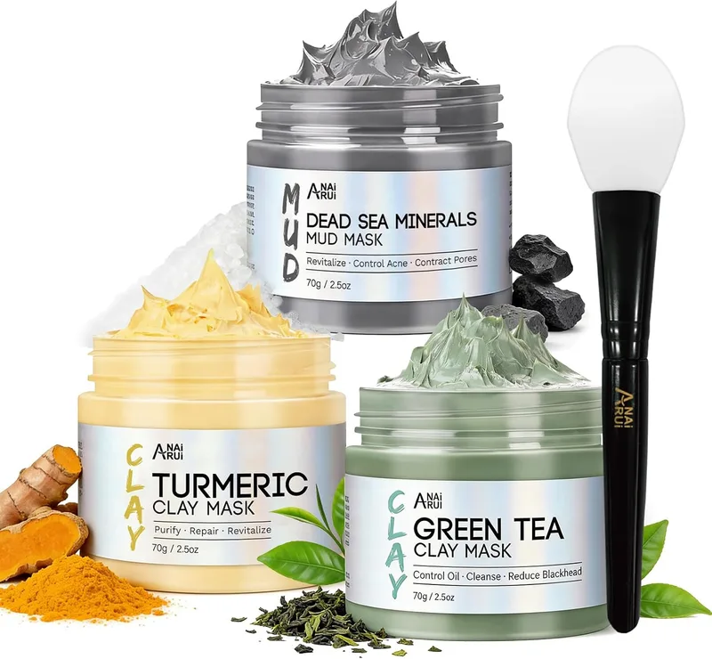 ANAI RUI ▫️ ANAiRUi Máscaras Faciais de Cúrcuma + Máscara de Argila com Chá Verde + Máscara de Lama do Mar Morto - Para uma limpeza facial profunda, hidratante e purificante, desintoxicante, 210 g