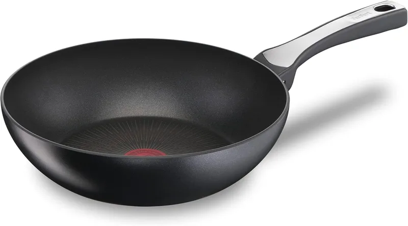 Tefal ▫️ Unlimited On - Wok 28 cm, resistente à indução, antiaderente, revestido a titânio, sinalizador térmico, lavável na máquina de lavar louça e no forno, aço inoxidável
