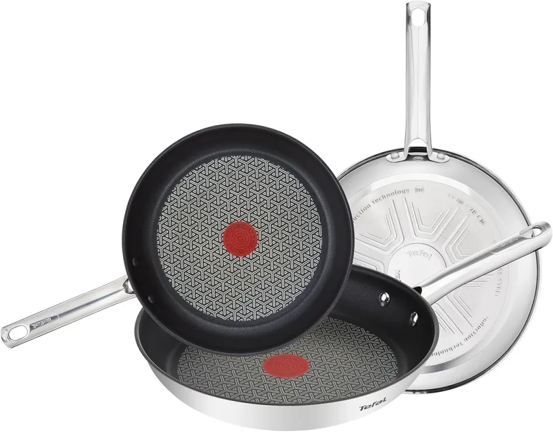 Tefal ▫️ Duetto - Conjunto de frigideiras 20/24/28 cm, indução, antiaderente, revestimento de titânio, sinal térmico, lavável na máquina de lavar louça e no forno, aço inoxidável