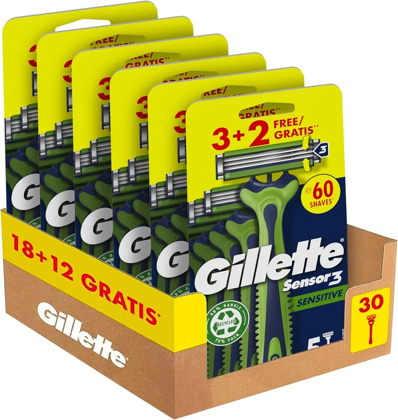Gillette ▫️ Lâminas de barbear descartáveis Sensor3 Sensitive para homem, com faixa lubrificante com um toque de aloé vera, 5 unidades
