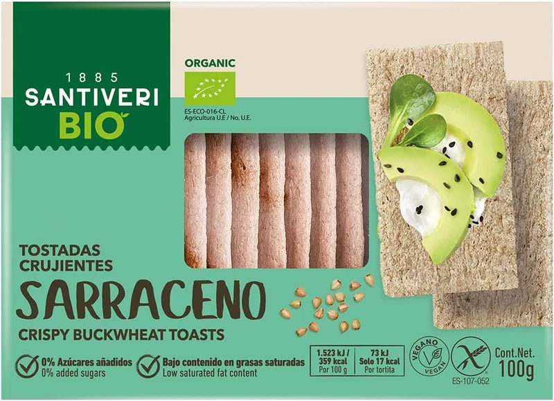 SANTIVERI ▫️ Torradas de Trigo Sarraceno Biológicas Sem Glúten - Crocantes e Leves, 0% Açúcares Adicionados, Vegan, com Ingredientes Biológicos - 100 g
