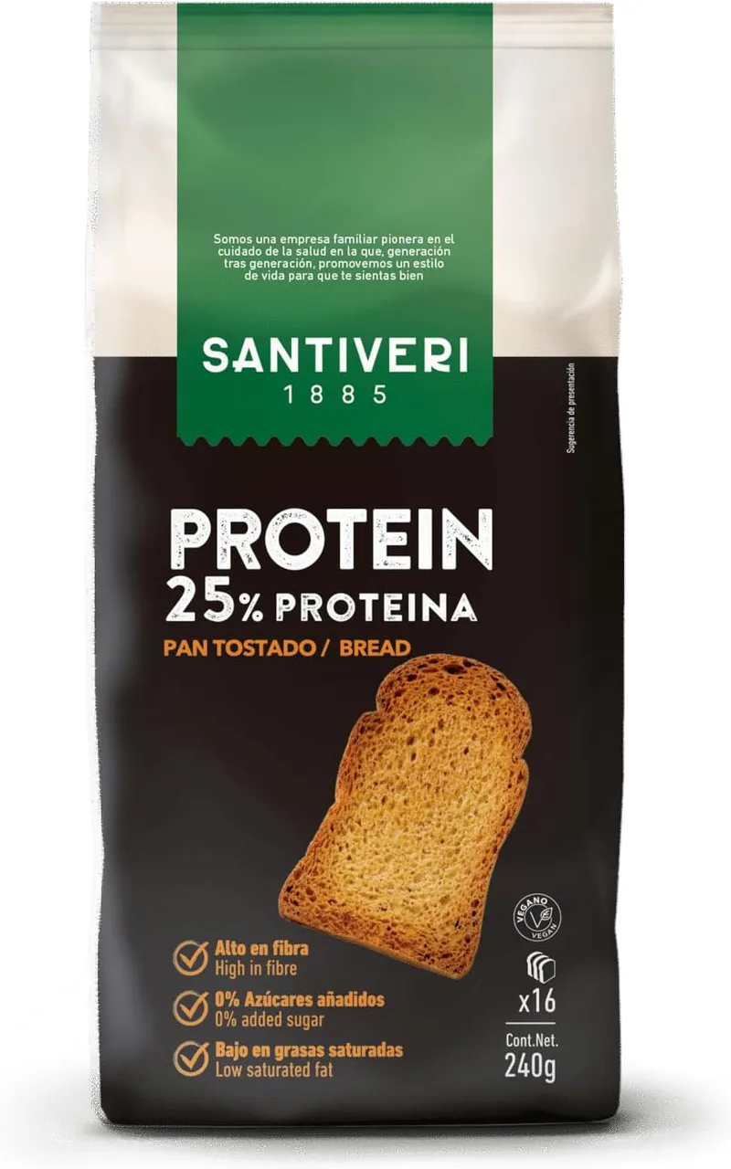 SANTIVERI ▫️ Tosta Proteica com 25% de Proteína, Alta Fibra, Pão Proteico com Proteína Vegetal, Baixo Teor de Açúcar - 365 g