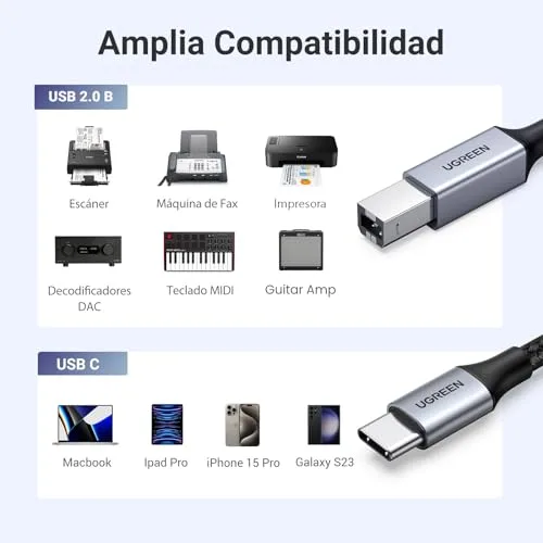 UGREEN ▫️ Cabo de impressora USB-C para Tipo B 2.0 (2 metros) 2