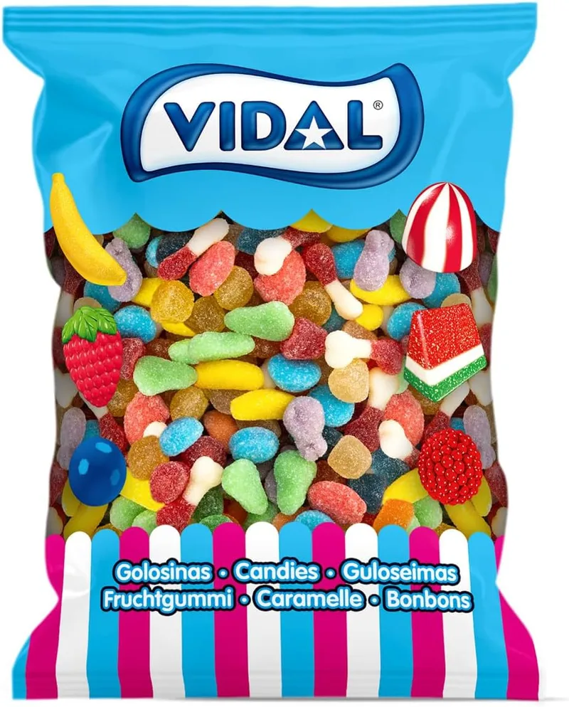 Vidal ▫️ Golosinas. Mini Mix Açúcar. Sortido de doces em forma de mini-frutinhas revestidas de açúcar. Multicoloridos. Sem glúten. Saco de 1 kg