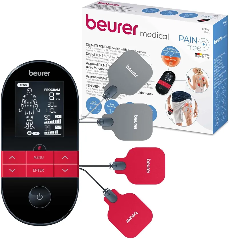 Beurer ▫️ EM 59 Electroestimulador digital com funções de calor, TENS, EMS e massagem, 2 canais, função de calor, 4 elétrodos, com almofadas de gel, intensidade regulável, temporizador, cor preta e vermelha