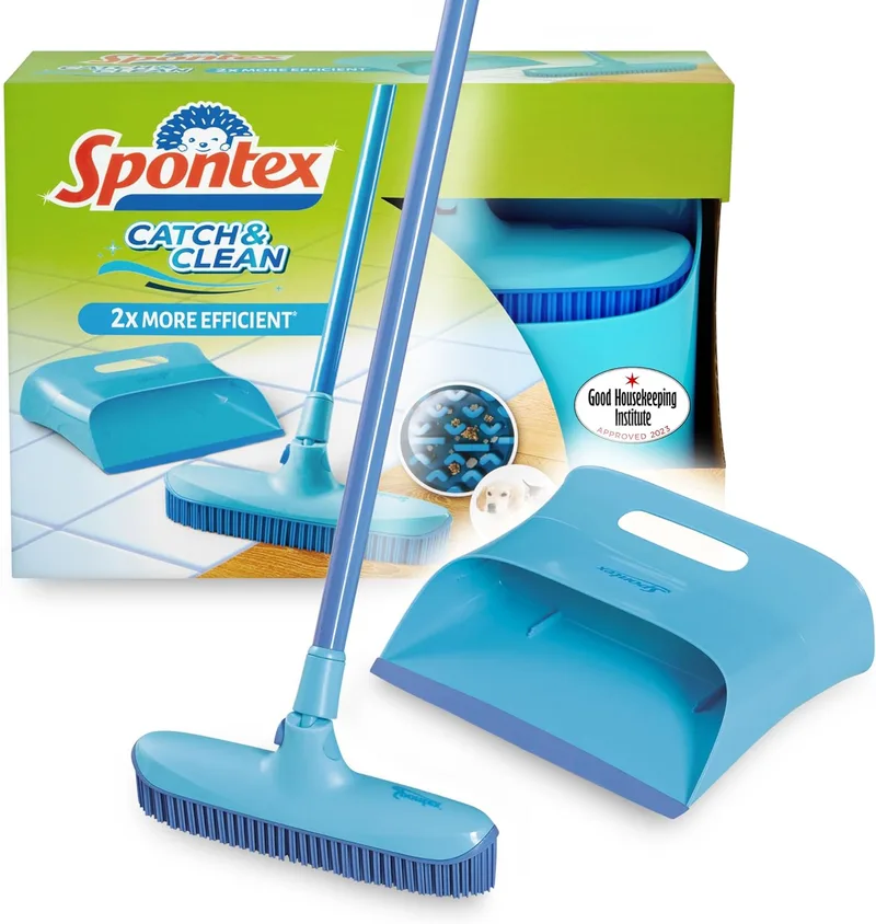 Spontex ▫️ Catch & Clean Indoor Rubber Broom & Dustpan Set - Conjunto de escova e pá para remoção de pêlos de animais - Para varrer a sujidade e limpar várias superfícies