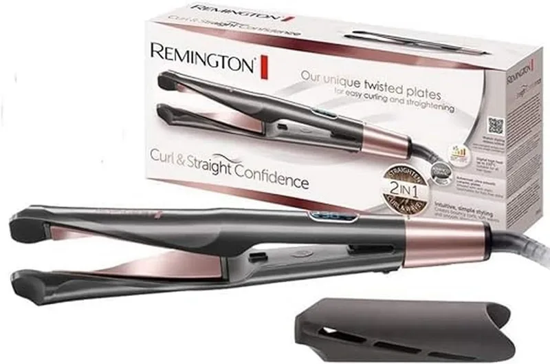 Remington ▫️ Alisador de cabelo Curl & Straight Confidence, placas em espiral, 2 em 1 (alisar e encaracolar), ideal para ondas, cerâmica, 5 níveis de temperatura até 230 °C, digital, cinzento, S6606B