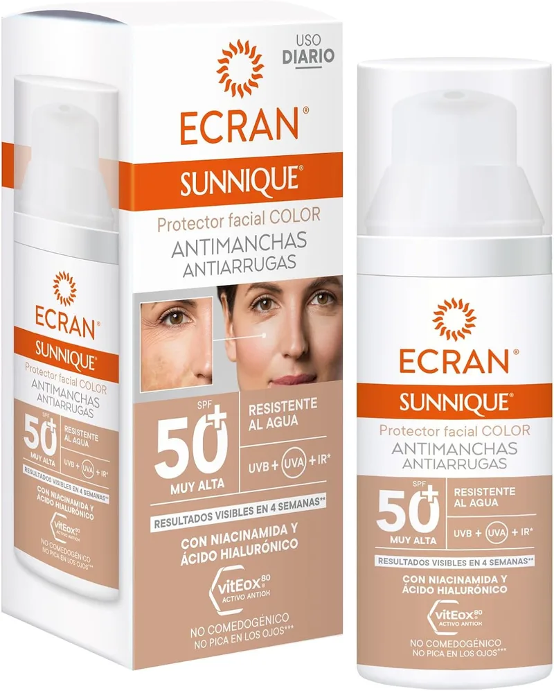 Ecran ▫️ SUNNIQUE – Protetor Facial FPS 50+ Antimanchas e Antirrugas com Cor, com Niacinamida e Ácido Hialurónico, Despigmenta e Unifica o Tom da Pele, Fórmula com VitEox80 - 50 ml