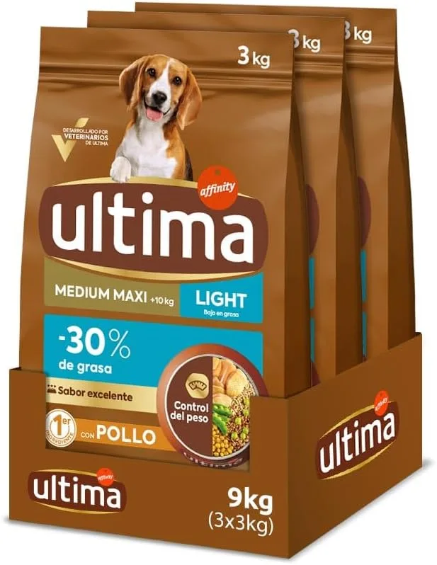 ultima ▫️ Medium-Maxi Light In Fat Chicken, Alimento seco para cães, Embalagem de 3 x 3kg, Total 9kg
