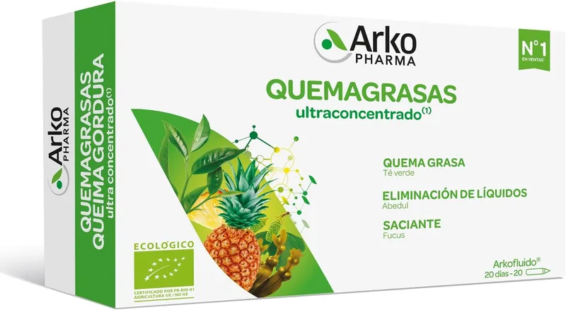 Arkopharma ▫️ Arkofluido Bio Queimador de Gordura 20 Ampolas, Controlo de Peso, Saciante, Elimina Líquidos e Toxinas, Aconselhamento Nutricional, Complemento Alimentar, 20 Unidades