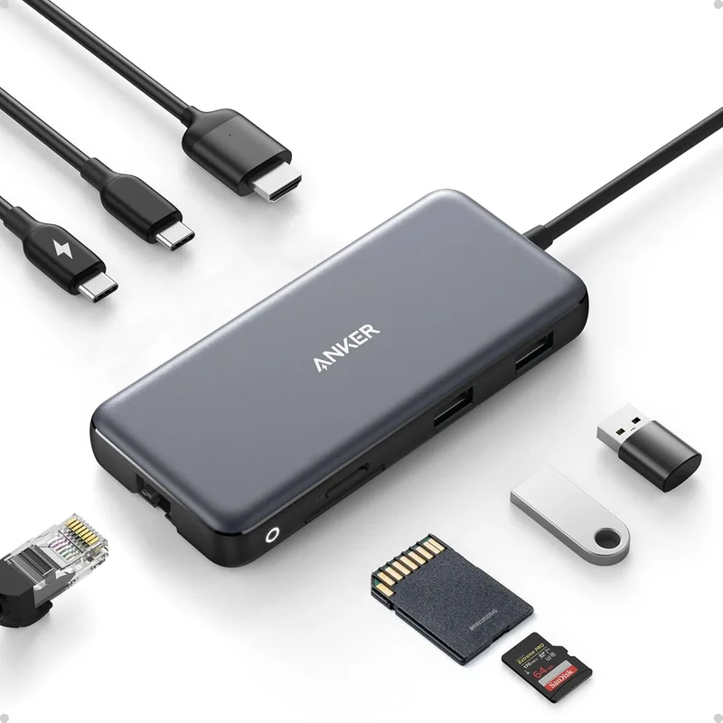 Anker ▫️ Hub USB-C 555 (8 em 1) Adaptador PowerExpand, Power Delivery de 100 W, HDMI 4K a 60 Hz, USB-C de 10 Gbps e 2 portas USB-A, porta Ethernet, leitor de cartões de memória microSD e SD, para MacBook Pro e outros