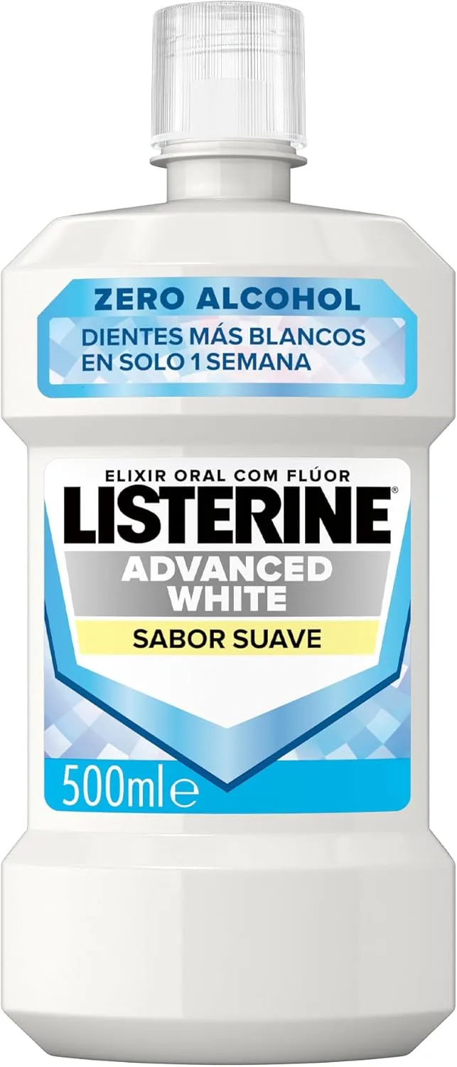 Listerine ▫️ Advanced White Sabor Suave (1 x 500 ml), elixir bucal com 0% de álcool, elixir bucal sem álcool com sabor a menta, elixir bucal branqueador de dentes para uma limpeza óptima