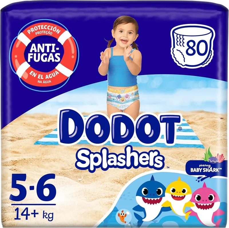 DODOT ▫️ Splashers Baby Shark Tamanho 5-6, 80 fraldas-calções descartáveis para bebé, a partir de 14 kg, proteção anti-fugas na água | Fralda-calções descartável com proteção anti-fugas na água, design Baby Shark, confortável dentro e fora da piscina