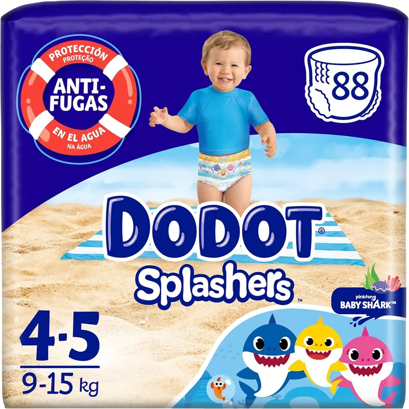 DODOT ▫️ Fraldas para Bebé Splashers Baby Shark, Tamanho 4 (9-15 kg), 88 fraldas, Fatos de banho descartáveis, Proteção anti-fugas na água