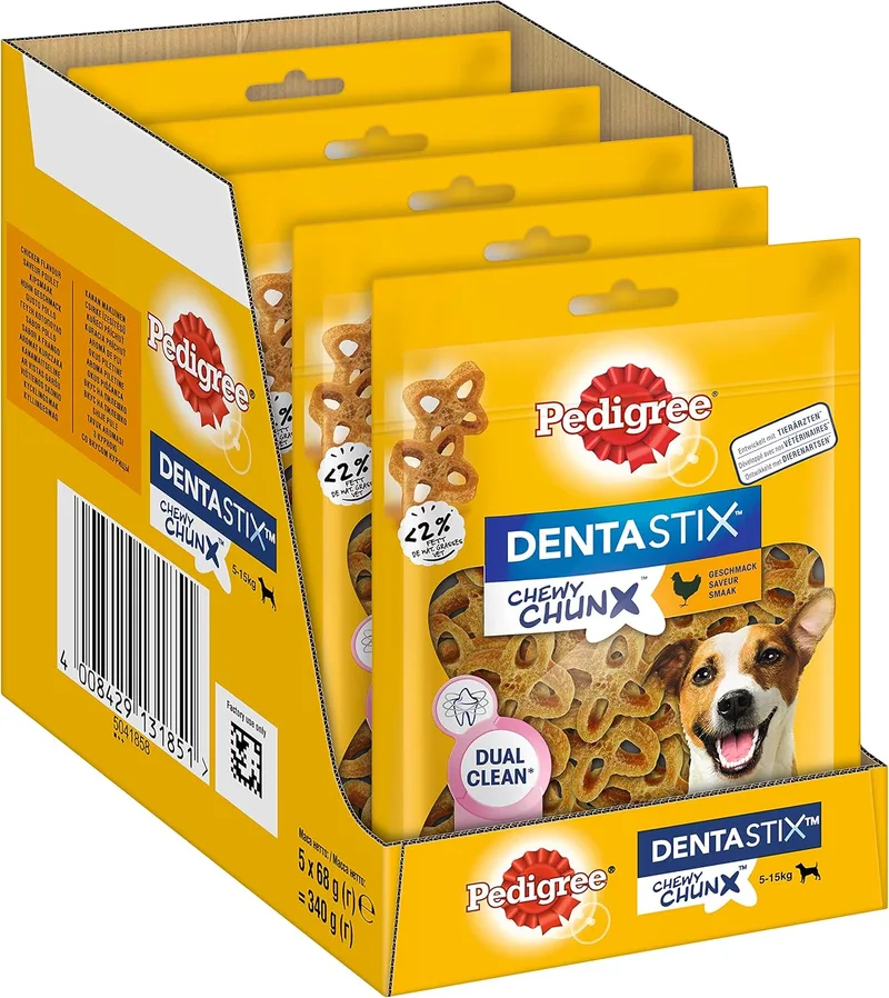 Pedigree ▫️ Dentastix Chewy Chunx - Petiscos dentais para cães de pequeno porte, de 5 a 15 kg, com frango, 5 embalagens (5 x 68 g)