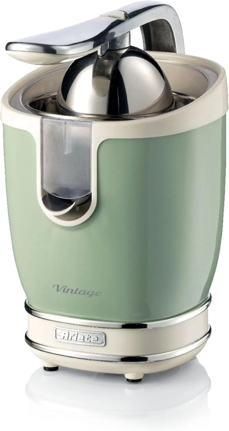 Ariete ▫️ 413-05 - Espremedor elétrico vintage 85 W, silencioso, 2 cones de tamanhos diferentes, enrolador de cabo, bocal em aço inoxidável, função anti-gotejamento, corpo metálico azul