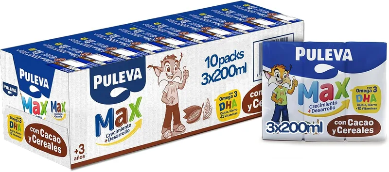 Puleva ▫️ Max Cereais e Cacau com Leite para o Crescimento +3 Anos, Caixa 10x3x200 ml