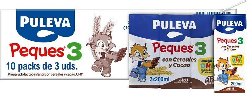 Puleva ▫️ Peques 3 Cereais e Cacau com Leite para o Crescimento +12M, 10x3x200 ml