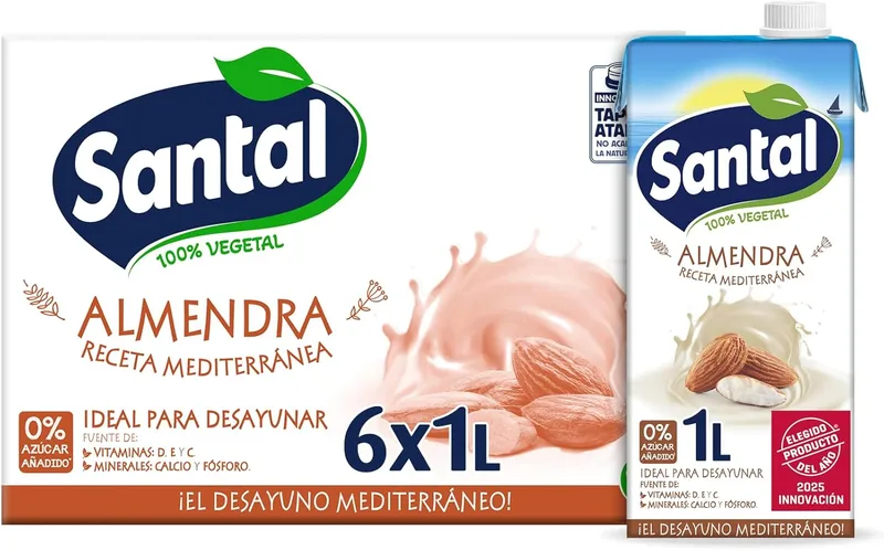 Santal ▫️ Bebida vegetal de amêndoa vegana, sem adição de açúcar, alternativa vegana ao leite, ideal para o seu café, ideal para o pequeno-almoço, embalagem de 6 x 1 litro