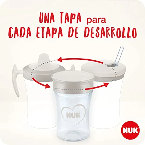 NUK ▫️ Conjunto Learn to Drink com biberão Trainer Cup (6M+), copo para beber com bico Magic Cup 360° (8M+) e copo infantil Action Cup (12M+), 230 ml, sem BPA, cinzento e branco 2