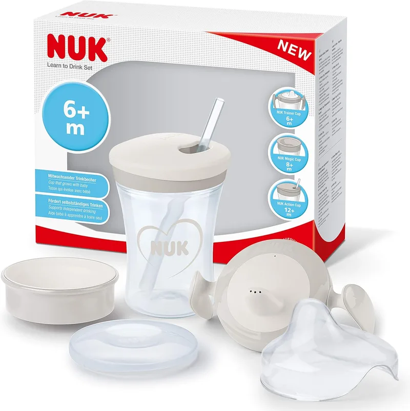 NUK ▫️ Conjunto "Learn to Drink" com biberão Trainer Cup (6M+), Magic Cup 360° Sippy Cup (8M+) e Action Cup for Kids (12M+), 230 ml, sem BPA, cinzento e branco