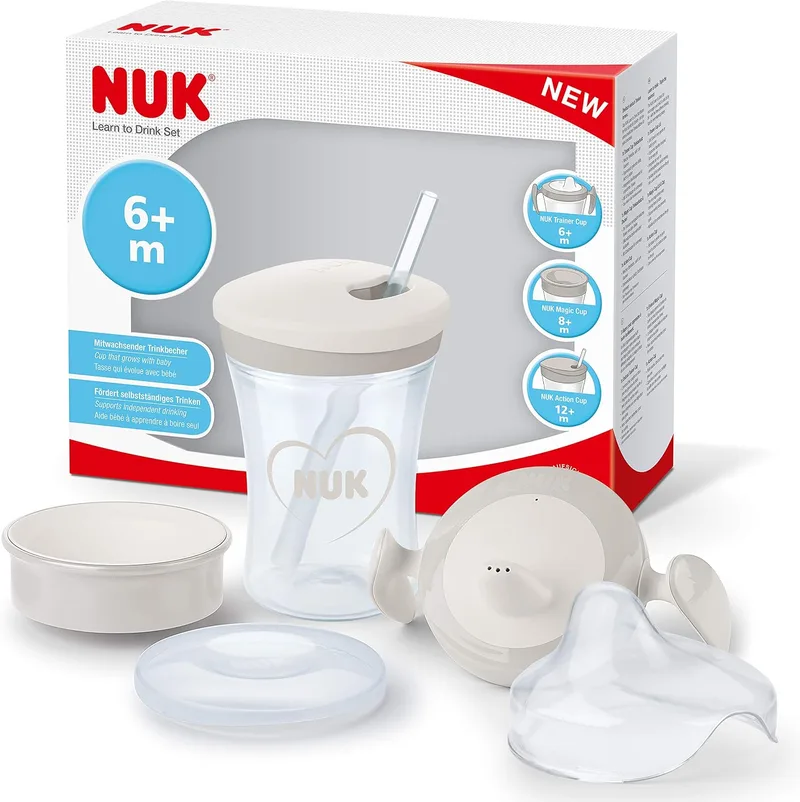 NUK ▫️ Conjunto Learn to Drink com biberão Trainer Cup (6M+), copo para beber com bico Magic Cup 360° (8M+) e copo infantil Action Cup (12M+), 230 ml, sem BPA, cinzento e branco