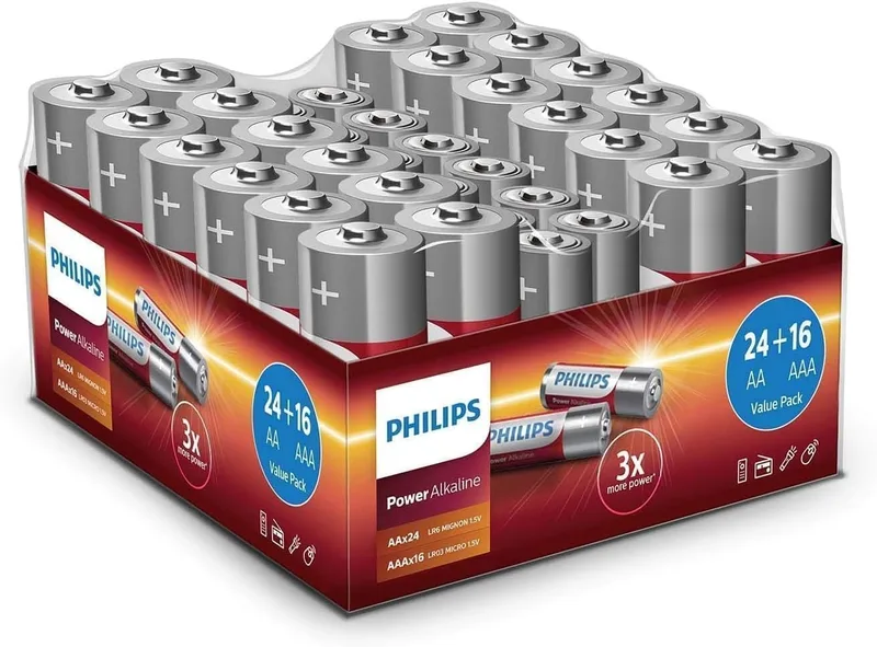 PHILIPS ▫️ Pacote Económico de Pilhas de 40 Unidades - 24 pilhas AA e 16 pilhas AAA - Pilhas alcalinas de longa duração - para comandos à distância, rádios e muito mais