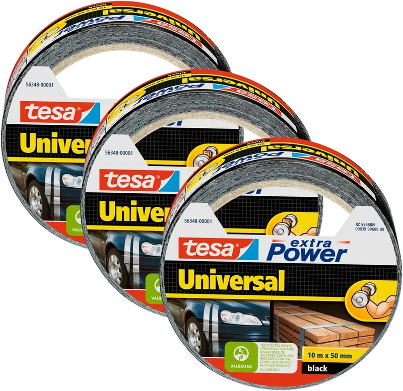 tesa ▫️ Fita Adesiva Universal Extra Power - Fita Adesiva com Fixação Extra Forte - Fita Multiusos Versátil para Reparações, Fixação, Vedação e Mais - Preta - 3 Rolos - 10 m x 50 mm