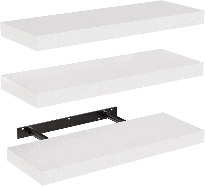 AMADA HOMEFURNISHING ▫️ Prateleiras de parede flutuantes, Prateleiras de parede para casa de banho/sala de estar/quarto/cozinha, Conjunto de 3 prateleiras brancas com suportes invisíveis - AMFS08