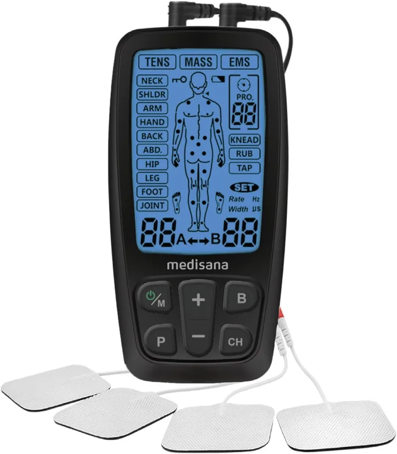 Medisana ▫️ TT 205 TENS, aparelho de corrente de estimulação EMS com 60 programas aparelho de eletroterapia profissional para relaxamento muscular e alívio de dores nas costas, pescoço, ombros, abdómen, etc.