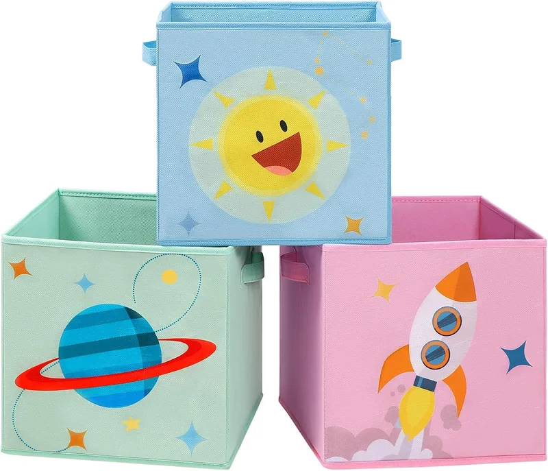 SONGMICS ▫️ Baú de brinquedos infantil com tema espacial, dobrável, conjunto de 3