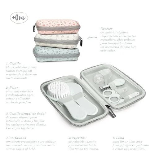 SUAVINEX ▫️ Conjunto de manicura para bebés, +0M, Kit de cuidados para o bebé com escova, pente, escova de dentes, tesourinha, lima e cortador de unhas. Bolsa impermeável com fecho de correr, azul suave 6