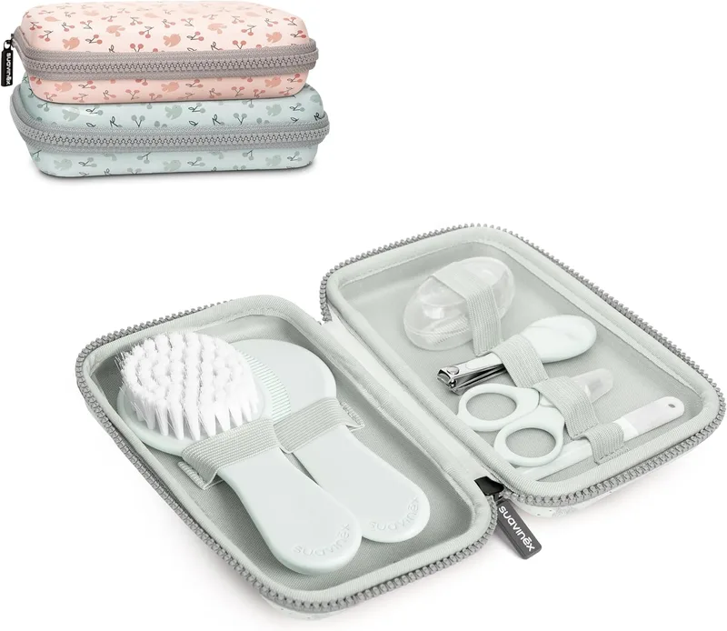 SUAVINEX ▫️ Conjunto de manicura para bebés, +0M, Kit de cuidados para o bebé com escova, pente, escova de dentes, tesourinha, lima e cortador de unhas. Bolsa impermeável com fecho de correr, azul suave