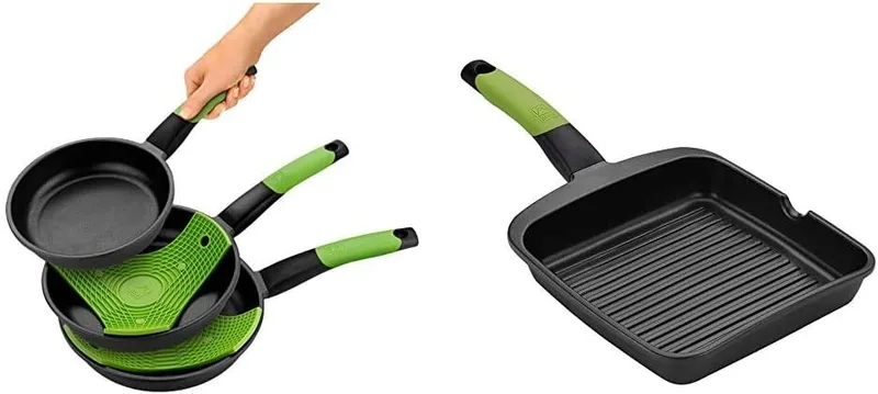 BRA ▫️ Prior - Conjunto de 3 frigideiras, alumínio antiaderente, 18, 22 e 26 cm, incl. 2 tapetes verdes seguros + PRIOR - Grelhador com riscas, alumínio fundido com revestimento antiaderente Teflon Classic, 28 cm