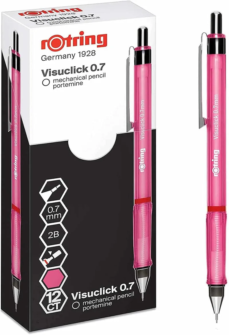 Rotring ▫️ Porta-minas Visuclick | 0,7 mm | Mina 2B | Corpo rosa vivo | 12 unidades