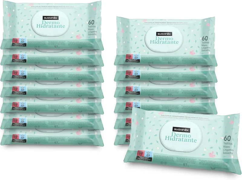 SUAVINEX ▫️ Pack 14 x 60 toalhetes para bebé (840 unidades), dermo-hidratante, adequado para pele atópica, adequado para recém-nascidos, adequado para mãos e rosto, 95% ingredientes de origem natural, 840 unidades