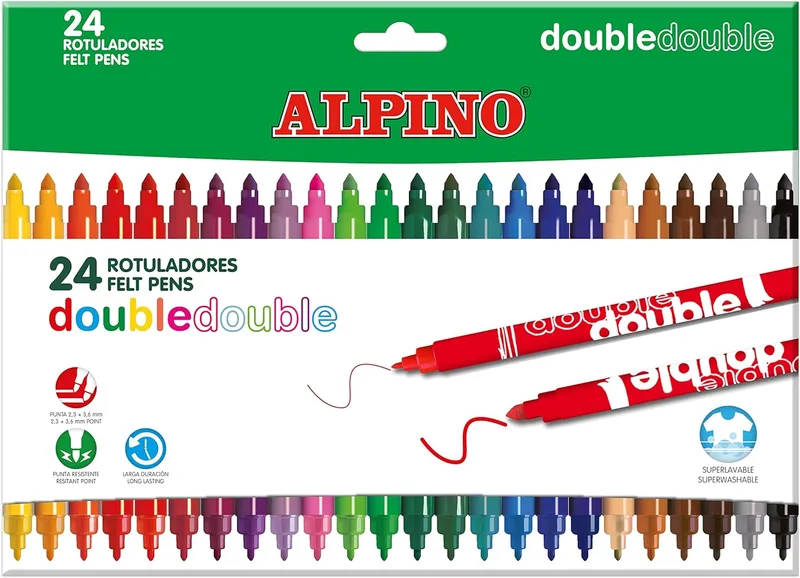 Alpino ▫️ Marcador duplo duplo duplo ponta grossa e ponta fina caixa de 20+4 cores sortidas