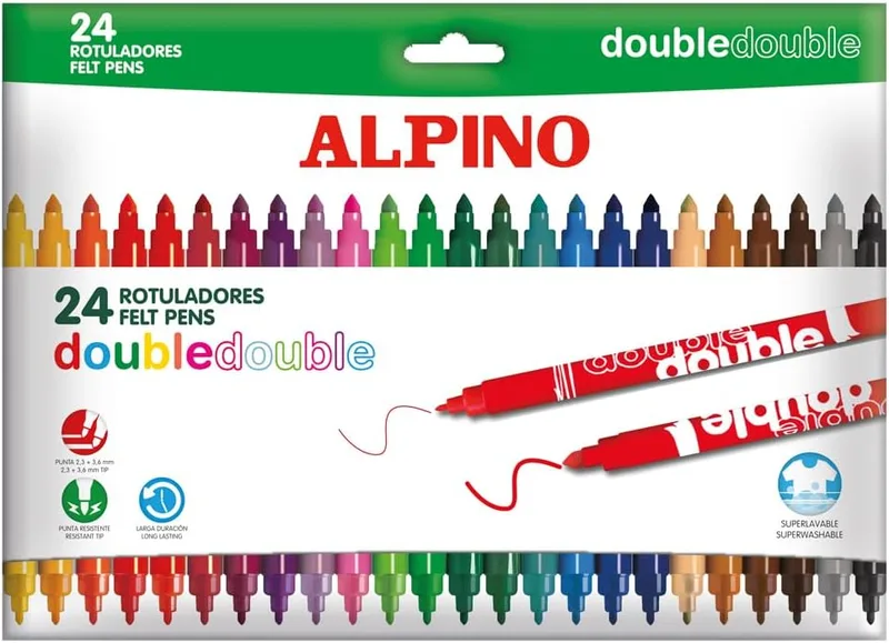 Alpino ▫️ Double Double Marcadores de cores, 24 unidades | Ponta grossa e ponta fina, fórmula resistente e de longa duração, cores variadas