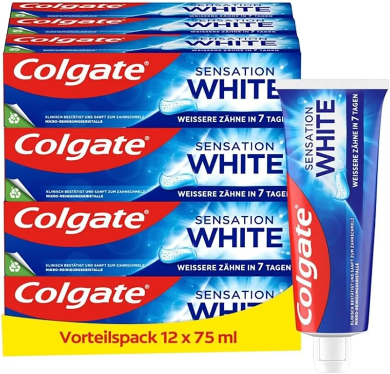 Colgate ▫️ Sensation White Toothpaste 12 x 75 ml - Remoção suave do esmalte superficial - Branqueamento dentário para dentes brancos persistentes