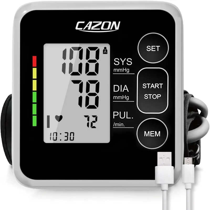 CAZON ▫️ Monitor de tensão arterial de braço, Monitor de tensão arterial para uso doméstico. Monitor eletrónico do ritmo cardíaco com braçadeira 22-40cm, 2X120memória (preto)
