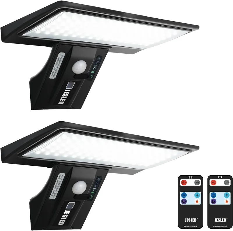 JESLED ▫️ Solar Outdoor Light, 2 Pack 90 LED, potente projetor com sensor de movimento, à prova de água com 4 modos inteligentes para jardim, pátio, caminho, escadas