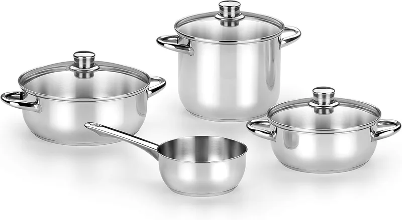 Monix ▫️ Optima : Trem de cozinha de 7 peças em aço inoxidável 18/10 Adequado para todos os tipos de fogões e placas de indução: caçarola de 20 cm, caçarola de vidro de 20 e 24 cm e caçarola de 16 cm sem tampa