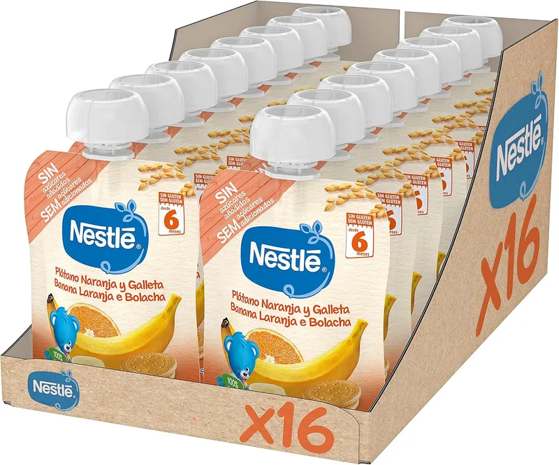 Nestlé Papillas ▫️ Nestlé Papas em Saquinhos - Puré de Banana, Laranja e Bolacha, A partir dos 6 meses, 90 g - Embalagem de 16 saquinhos de 90 g