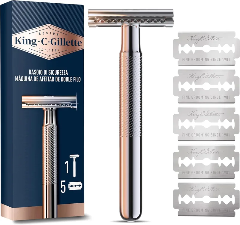 King C. Gillette ▫️ Men's Double Edge Razor com cabo metálico de longa duração e revestimento anti-fricção, com 5 lâminas de substituição, barbeado à mão clássico