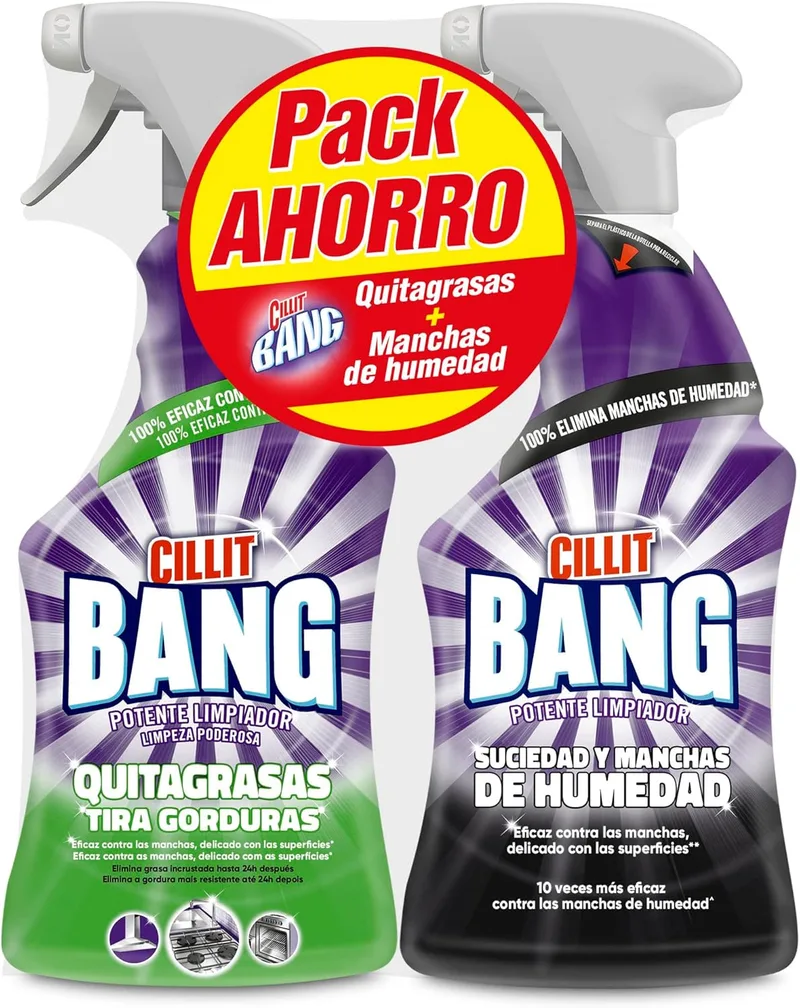 Cillit Bang ▫️ Spray de limpeza desengordurante para cozinhas e spray para sujidade e manchas de humidade, para casas de banho - Embalagem com 2 x 750 ml