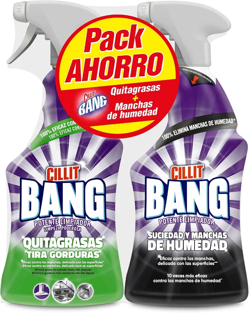 Cillit Bang ▫️ Spray de limpeza desengordurante, para cozinhas, e spray para sujidade e manchas de humidade, para casas de banho - Conjunto de 2 x 750 ml