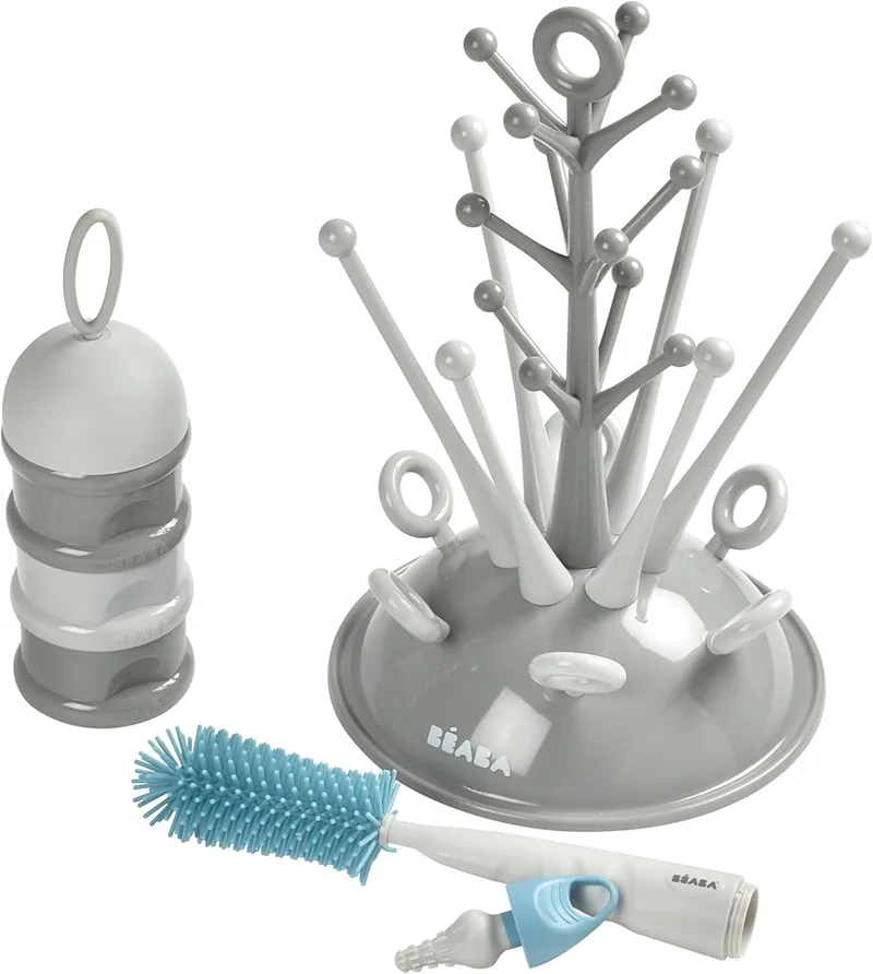 BÉABA - Conjunto de bebé recém-nascido unissexo, escorredor de biberões em forma de árvore de grande capacidade, dispensador de leite empilhável, limpador de biberões de silicone, babete de bebé 100% algodão, padrão tropical