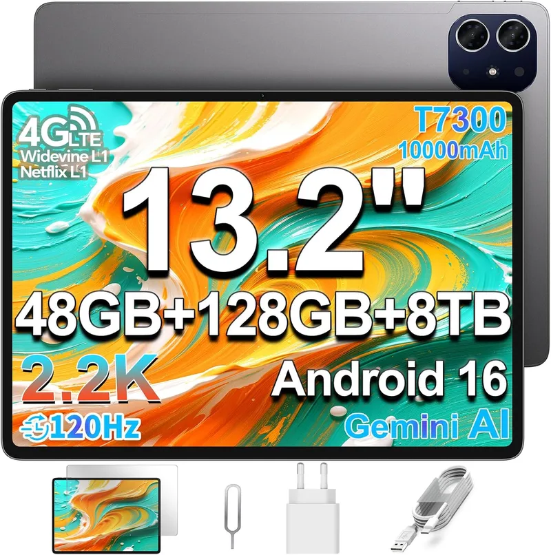 TECLAST ▫️ Tablet ArtPad de 13,2 polegadas, 2,2K, Android 16, 120 Hz, processador Octa-Core T7300 a 2,2 GHz, bateria de 10 000 mAh/18 W, 48 GB de RAM + 128 GB (8 TB TF), 4G LTE Dual SIM, 5G, Wi-Fi, Widevine L1/GPS/OTG, Tablets de Jogos com IA Gemini
